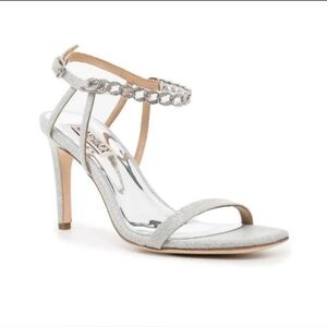 NEW Badgley Mischka Kai Silver Ankle Strap Heels